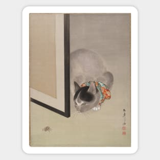 Cat Watching a Spider - Japanese Classical Art Sticker